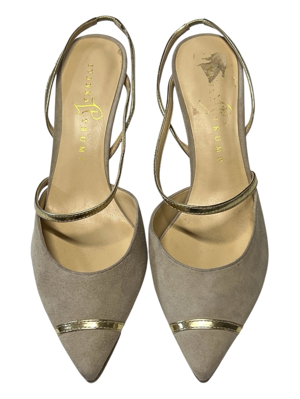 EUC Ivanka Trump Nisha Taupe Suede Gold Slingback Heels | Size 8M